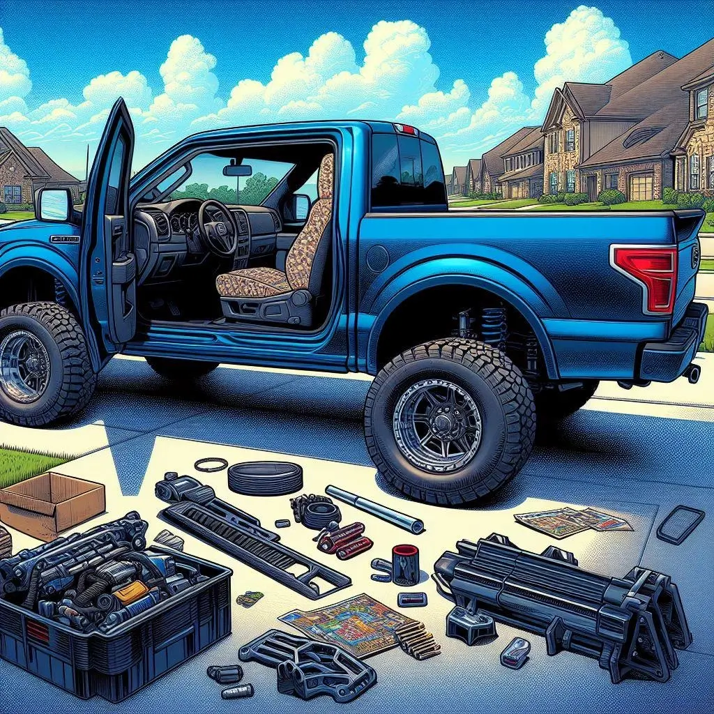 Illustration of blue truck with open doors, upgrades and truck accessories on ground. Blue sky, clouds, houses, green grass and bushes visible.