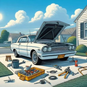 A cartoon illustration of a white car with an open hood, surrounded by tools on the ground. Blue sky, houses, fence, and greenery in the background.