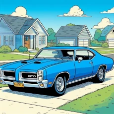 A blue Pontiac GTO on a driveway in a suburban neighborhood. House in background. Blue sky with white clouds.