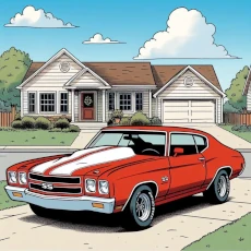 A red Chevrolet Chevelle with white stripes on a driveway in a suburban neighborhood. House in background. Blue sky with white clouds.