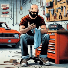 A cartoon image of a man in a red shirt and jeans cleaning his hands while sitting on a stool in a garage. Red car in background. Tools on the wall.