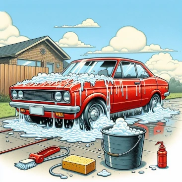 Cartoon illustration of a red car being washed with a bucket of soapy water, sponge, and soap bottle. Blue sky, house, fence, grass, trees.