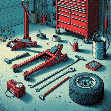 Illustration of a garage corner filled with tools hanging on the wall and lying on the floor.