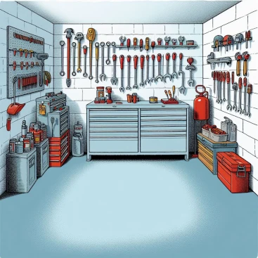 Cartoon depiction of a garage with tools neatly arranged on the wall.