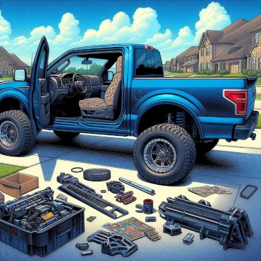 Illustration of blue truck with open doors, upgrades and truck accessories on ground. Blue sky, clouds, houses, green grass and bushes visible.