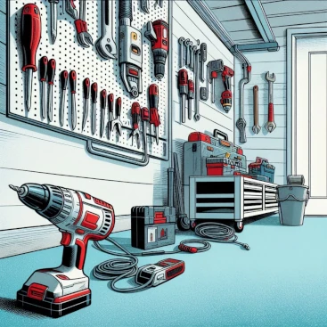 Illustration of a garage corner filled with tools hanging on the wall and lying on the floor.