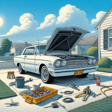 A cartoon illustration of a white car with an open hood, surrounded by tools on the ground. Blue sky, houses, fence, and greenery in the background.