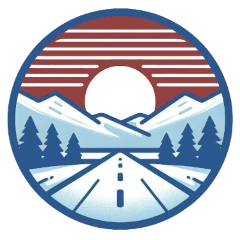 A circular logo for Rev’s Road Reviews of a road leading towards mountains and trees during sunset with no text